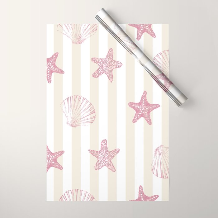 Blush Pink Seashell & Starfish on Beige and White  Wrapping Paper Gallery Image 1