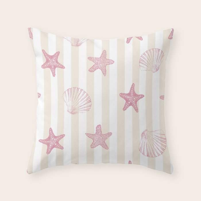 Blush Pink Seashell & Starfish on Beige and White  Throw Pillow Gallery Image 6