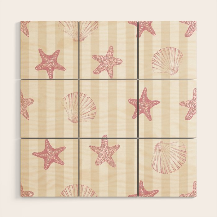 Blush Pink Seashell & Starfish on Beige and White  Wood Wall Art Gallery Image 1