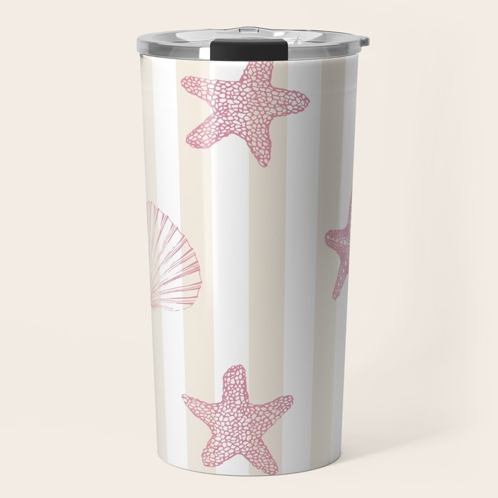 Blush Pink Seashell & Starfish on Beige and White  Travel Mug Gallery Image 1