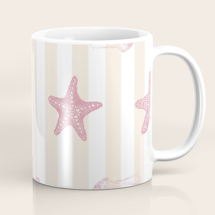 Blush Pink Seashell & Starfish on Beige and White  Coffee Mug Gallery Image 1