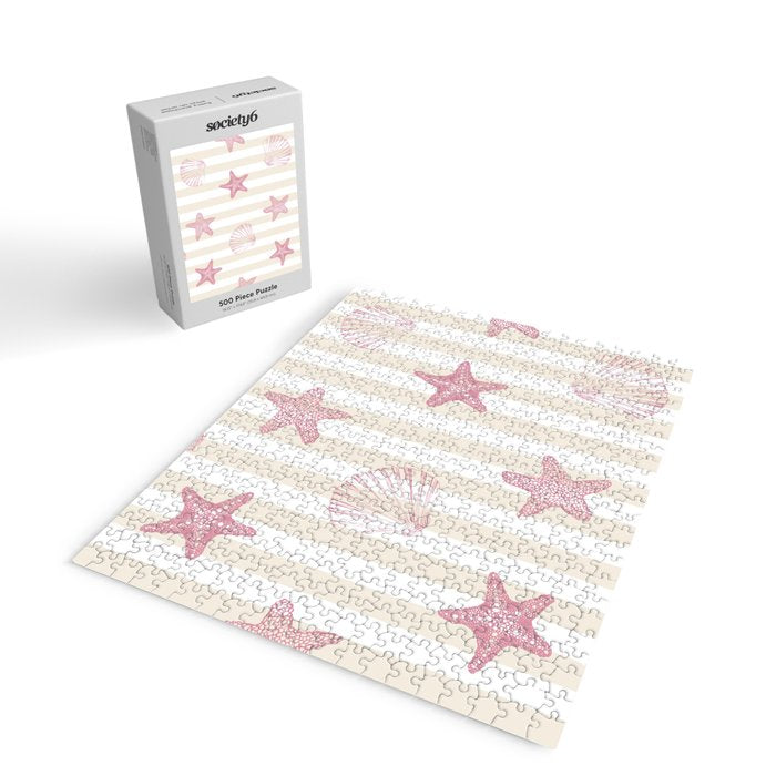 Blush Pink Seashell & Starfish on Beige and White  Jigsaw Puzzle Gallery Image 2