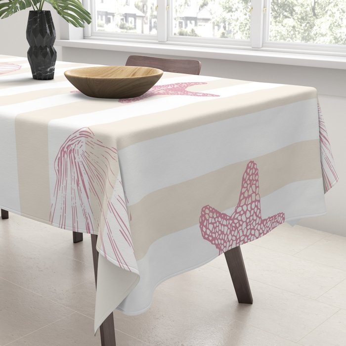 Blush Pink Seashell & Starfish on Beige and White  Tablecloth Gallery Image 3