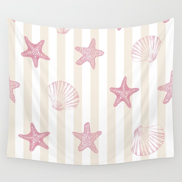 Blush Pink Seashell & Starfish on Beige and White  Wall Tapestry Gallery Image 4