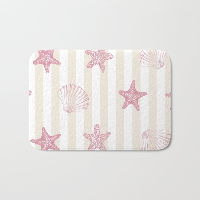 Blush Pink Seashell & Starfish on Beige and White  Bath Mat Gallery Image 1
