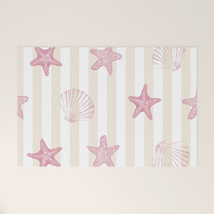 Blush Pink Seashell & Starfish on Beige and White  Welcome Mat Gallery Image 1