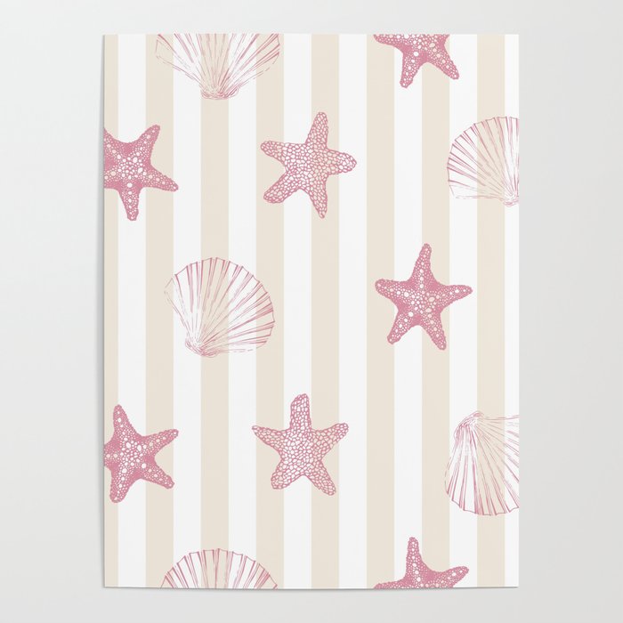 Blush Pink Seashell & Starfish on Beige and White  Poster Gallery Image 1