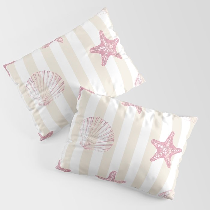 Blush Pink Seashell & Starfish on Beige and White  Pillow Sham Gallery Image 3