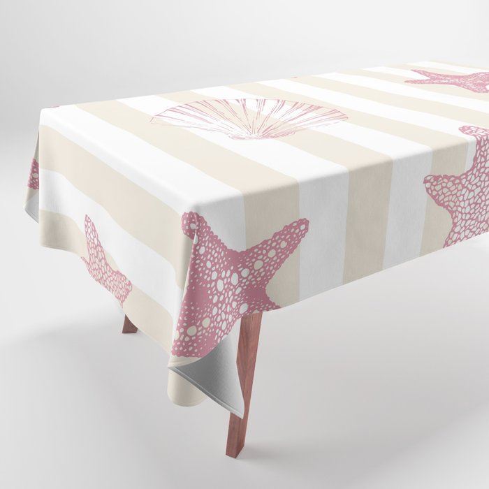Blush Pink Seashell & Starfish on Beige and White  Tablecloth Gallery Image 1