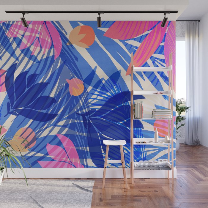 Breezy Tropics Blue Floral Design Wall Mural Gallery Image 1