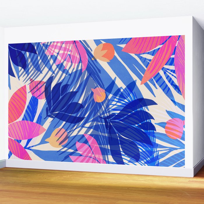 Breezy Tropics Blue Floral Design Wall Mural Gallery Image 2