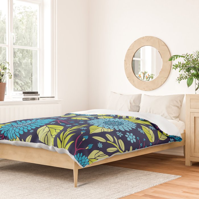 Turquoise Blue, Lime Green, Magenta & Navy Floral Pattern Duvet Cover Gallery Image 2