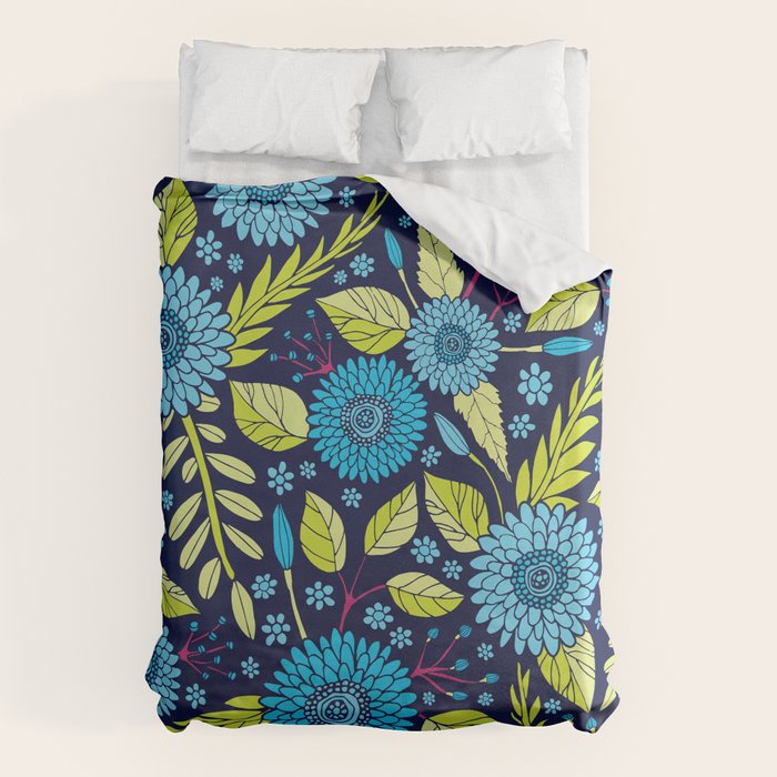 Turquoise Blue, Lime Green, Magenta & Navy Floral Pattern Duvet Cover Gallery Image 6