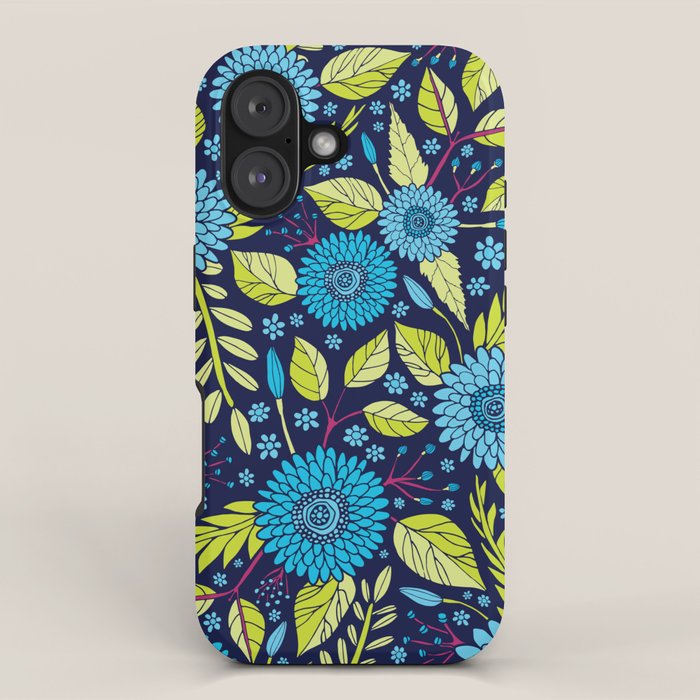 Turquoise Blue, Lime Green, Magenta & Navy Floral Pattern iPhone Case Gallery Image 1
