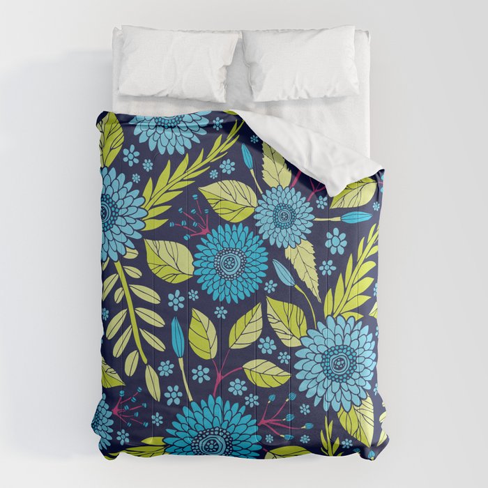 Turquoise Blue, Lime Green, Magenta & Navy Floral Pattern Comforter Gallery Image 1