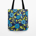 Turquoise Blue, Lime Green, Magenta & Navy Floral Pattern Tote Bag Gallery Image 1
