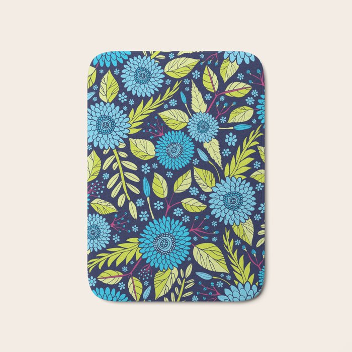 Turquoise Blue, Lime Green, Magenta & Navy Floral Pattern Bath Mat Gallery Image 1