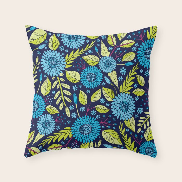 Turquoise Blue, Lime Green, Magenta & Navy Floral Pattern Throw Pillow Gallery Image 6