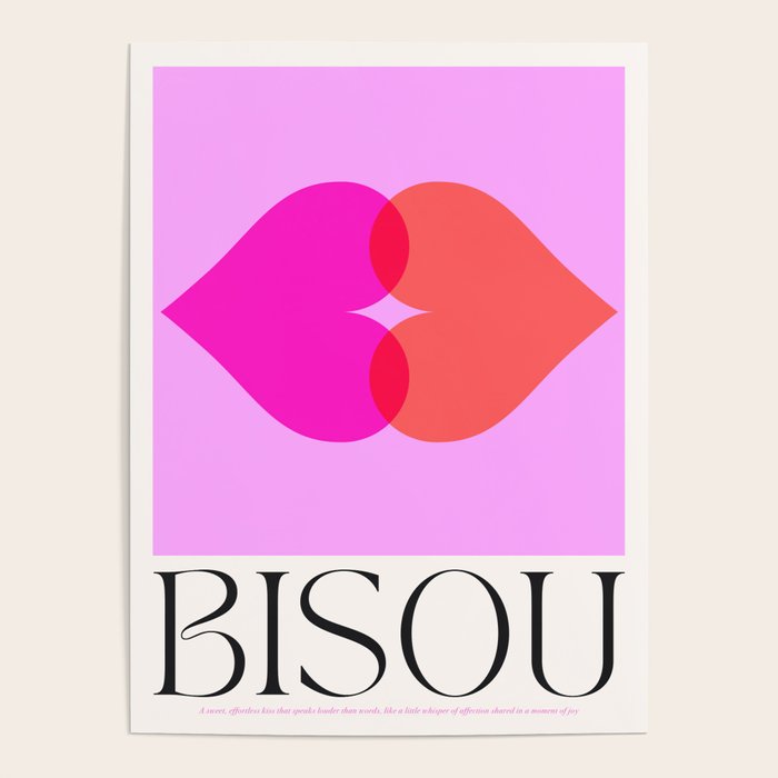 'BISOU' Vibrant Minimal French Love kiss Art Poster Gallery Image 1