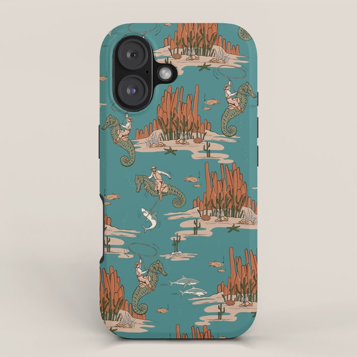 Quirky Western Cowboys on Seahorses Roping Sharks iPhone Case Gallery Image 1