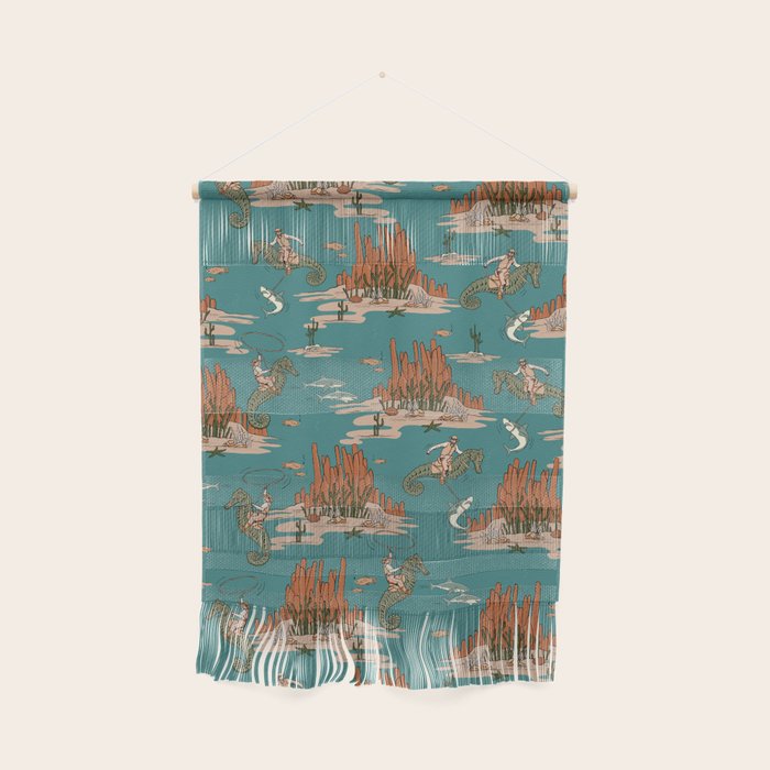 Quirky Western Cowboys on Seahorses Roping Sharks Wall Hanging