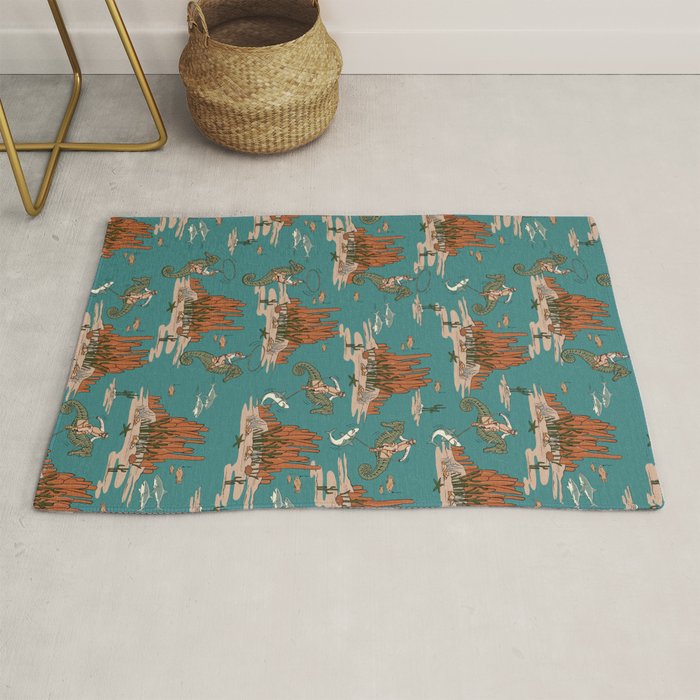 Quirky Western Cowboys on Seahorses Roping Sharks Rug Gallery Image 1