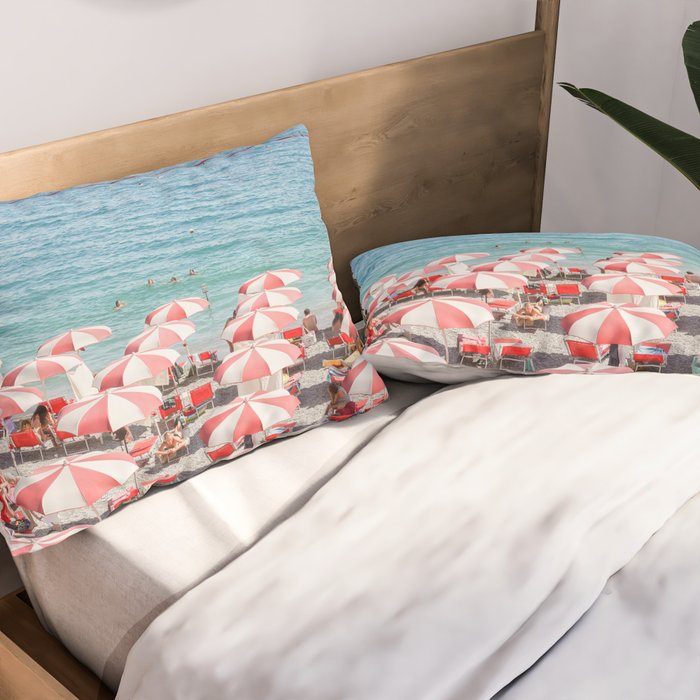 The Red Beach Umbrellas | Amalfi Coast Travel Photography | Europe Summer in Italy in Color Pillow Sham Gallery Image 2