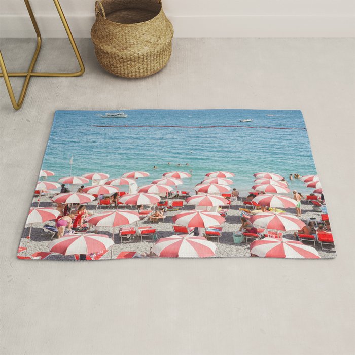 The Red Beach Umbrellas | Amalfi Coast Travel Photography | Europe Summer in Italy in Color Rug Gallery Image 1