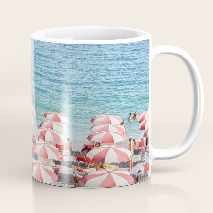 The Red Beach Umbrellas | Amalfi Coast Travel Photography | Europe Summer in Italy in Color Coffee Mug Gallery Image 1