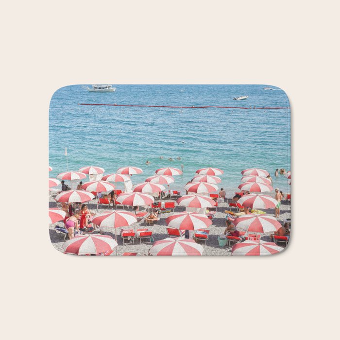 The Red Beach Umbrellas | Amalfi Coast Travel Photography | Europe Summer in Italy in Color Bath Mat Gallery Image 1