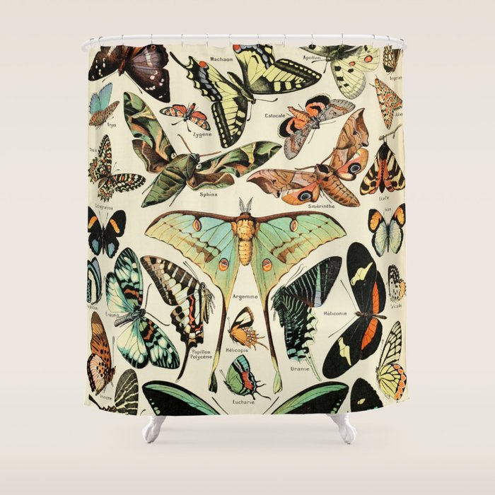 French Vintage Butterflies Chart Adolphe Millot Papillons Larousse Pour Tous Cozy Boho Maximalist Shower Curtain Gallery Image 1