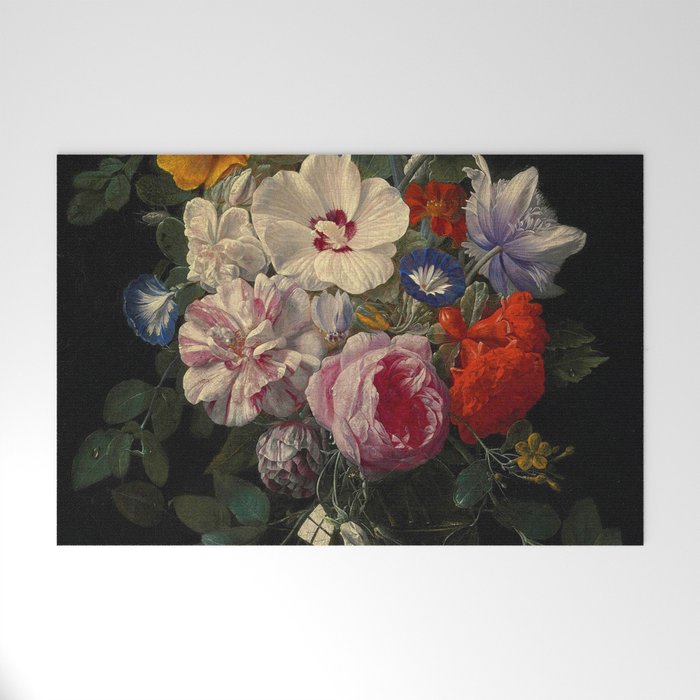 Nicolaes van Veerendael "Flowers in a glass vase with a butterfly and beetle on a stone ledge" Welcome Mat Gallery Image 1