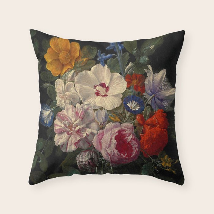 Nicolaes van Veerendael "Flowers in a glass vase with a butterfly and beetle on a stone ledge" Throw Pillow Gallery Image 1