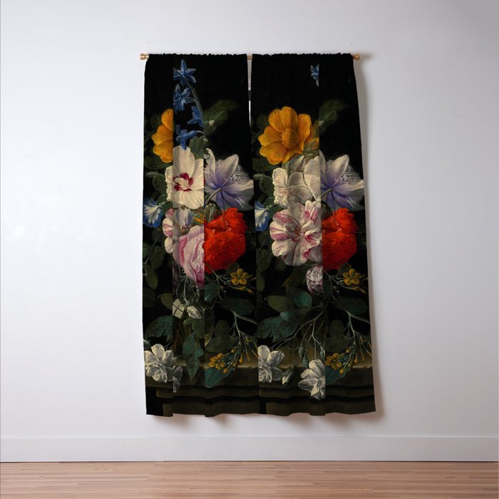 Nicolaes van Veerendael "Flowers in a glass vase with a butterfly and beetle on a stone ledge" Window Curtain Gallery Image 3