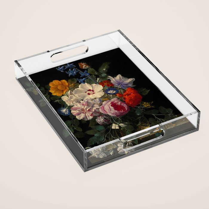 Nicolaes van Veerendael "Flowers in a glass vase with a butterfly and beetle on a stone ledge" Acrylic Tray Gallery Image 1