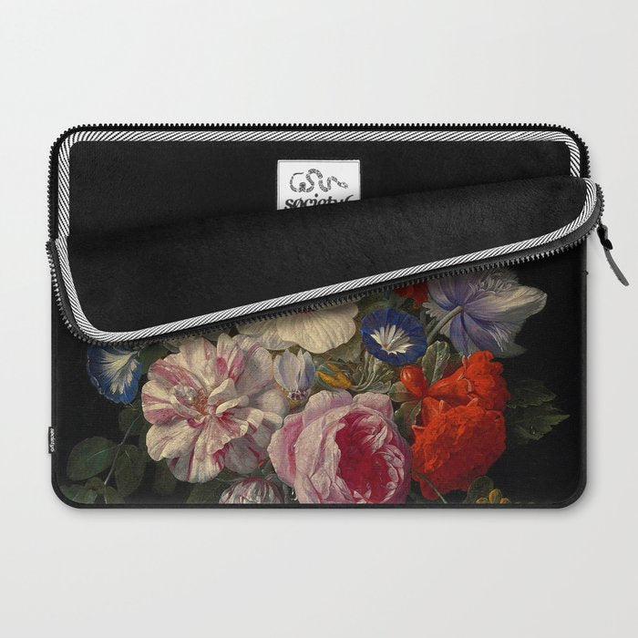 Nicolaes van Veerendael "Flowers in a glass vase with a butterfly and beetle on a stone ledge" Laptop Sleeve Gallery Image 2