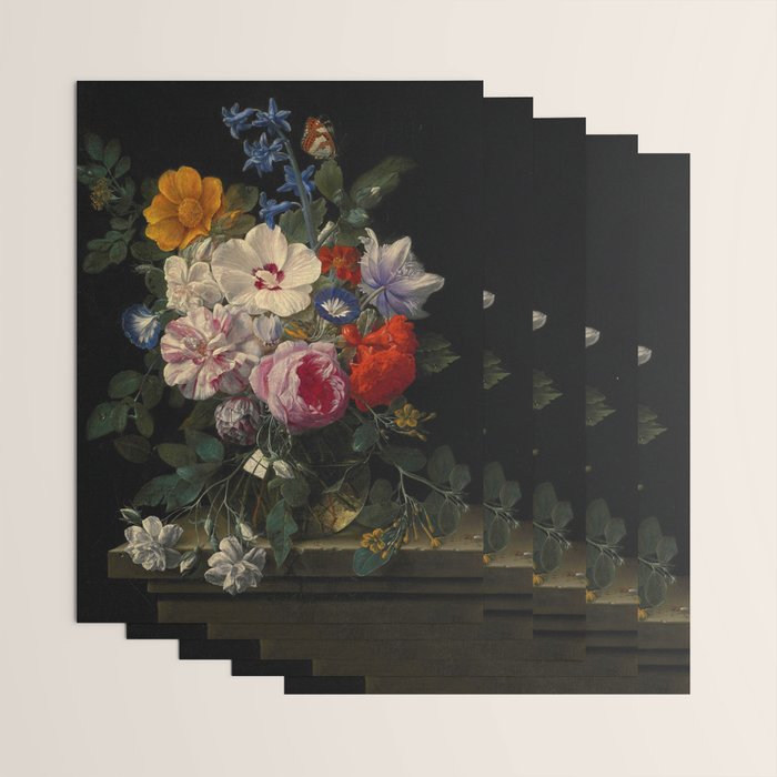 Nicolaes van Veerendael "Flowers in a glass vase with a butterfly and beetle on a stone ledge" Wrapping Paper Gallery Image 3