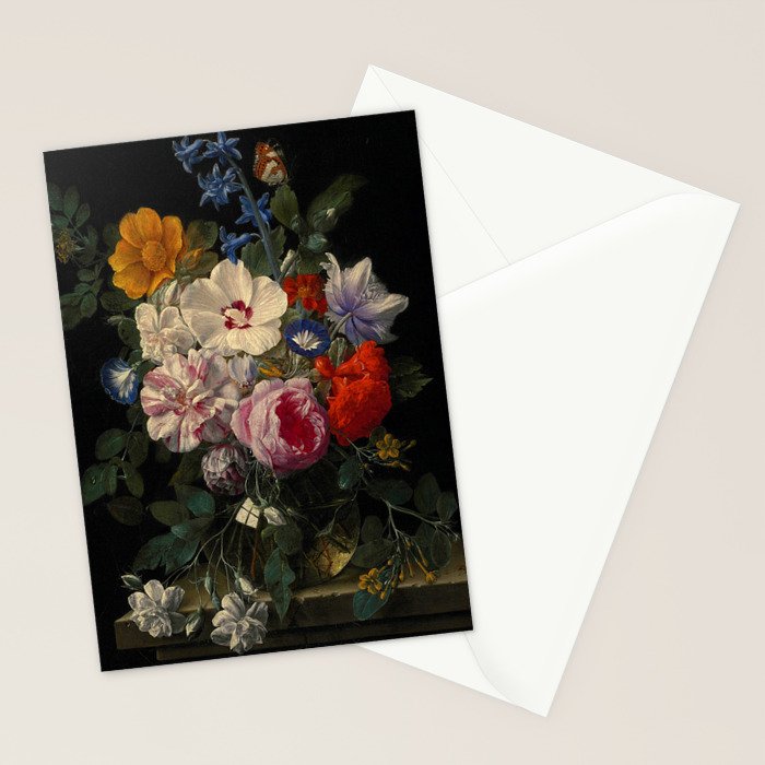 Nicolaes van Veerendael "Flowers in a glass vase with a butterfly and beetle on a stone ledge" Stationery Card Gallery Image 2