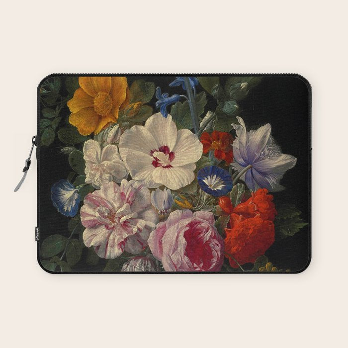 Nicolaes van Veerendael "Flowers in a glass vase with a butterfly and beetle on a stone ledge" Laptop Sleeve Gallery Image 1
