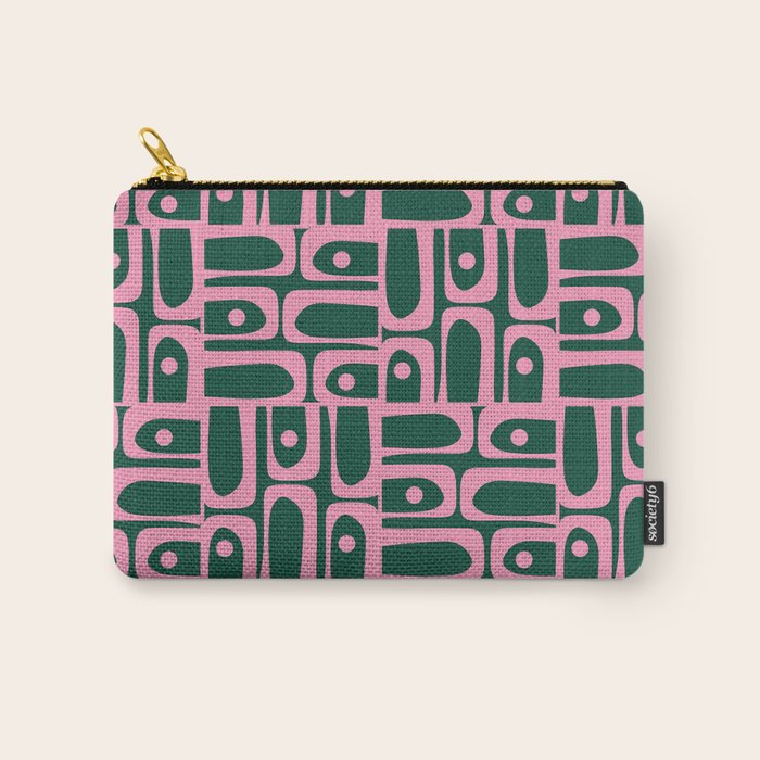 Mid Century Modern Piquet Abstract Multi Geometric Pattern Dark Green and Retro Pink Carry All Pouch Gallery Image 1