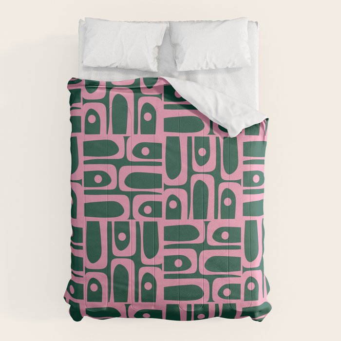 Mid Century Modern Piquet Abstract Multi Geometric Pattern Dark Green and Retro Pink Comforter Gallery Image 1