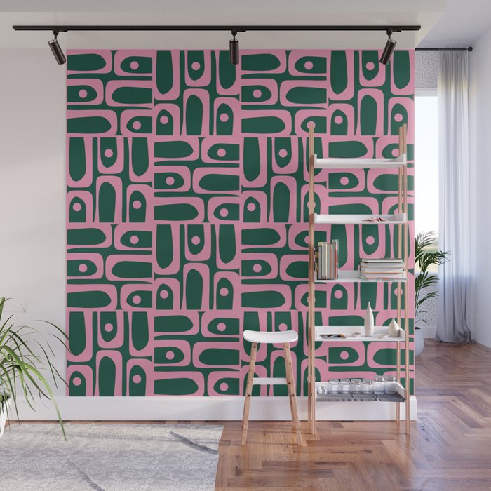Mid Century Modern Piquet Abstract Multi Geometric Pattern Dark Green and Retro Pink Wall Mural Gallery Image 1