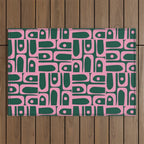 Mid Century Modern Piquet Abstract Multi Geometric Pattern Dark Green and Retro Pink Outdoor Rug Gallery Image 1