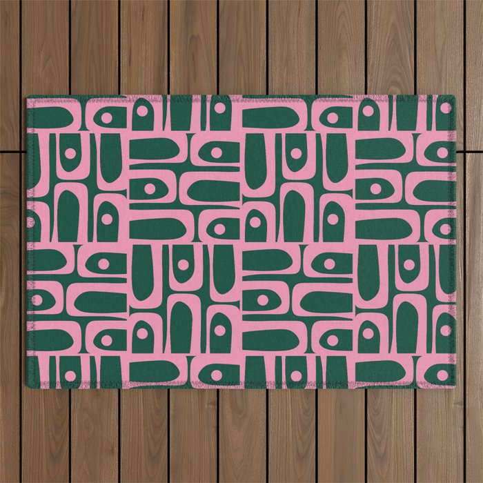 Mid Century Modern Piquet Abstract Multi Geometric Pattern Dark Green and Retro Pink Outdoor Rug Gallery Image 1