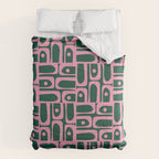 Mid Century Modern Piquet Abstract Multi Geometric Pattern Dark Green and Retro Pink Comforter Gallery Image 6