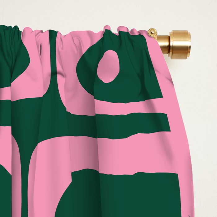 Mid Century Modern Piquet Abstract Multi Geometric Pattern Dark Green and Retro Pink Window Curtain Gallery Image 2