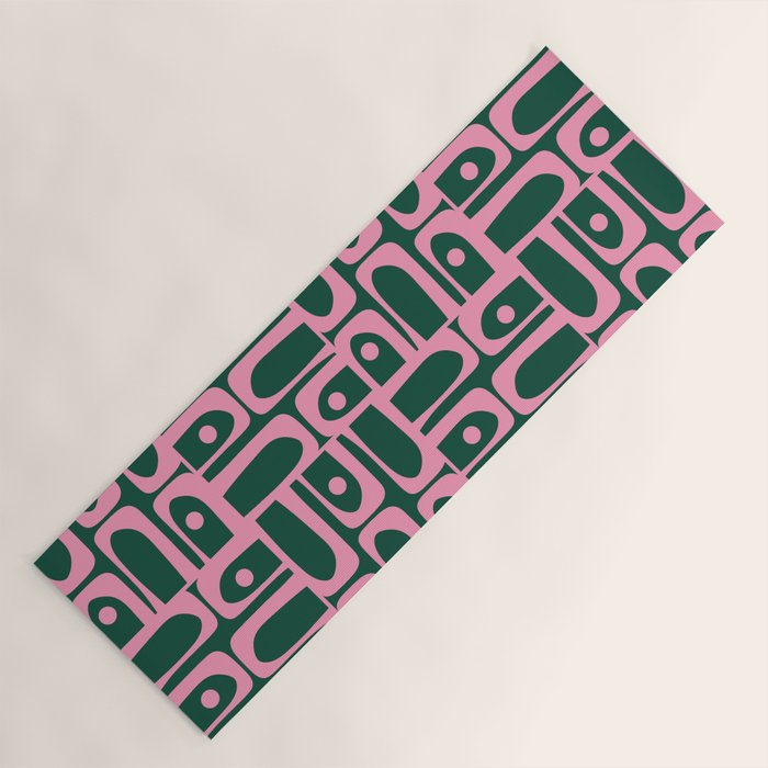 Mid Century Modern Piquet Abstract Multi Geometric Pattern Dark Green and Retro Pink Yoga Mat Gallery Image 1