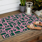 Mid Century Modern Piquet Abstract Multi Geometric Pattern Dark Green and Retro Pink Outdoor Rug Gallery Image 2