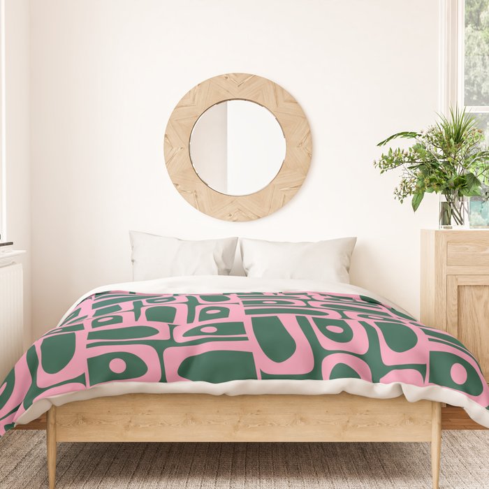Mid Century Modern Piquet Abstract Multi Geometric Pattern Dark Green and Retro Pink Duvet Cover Gallery Image 3