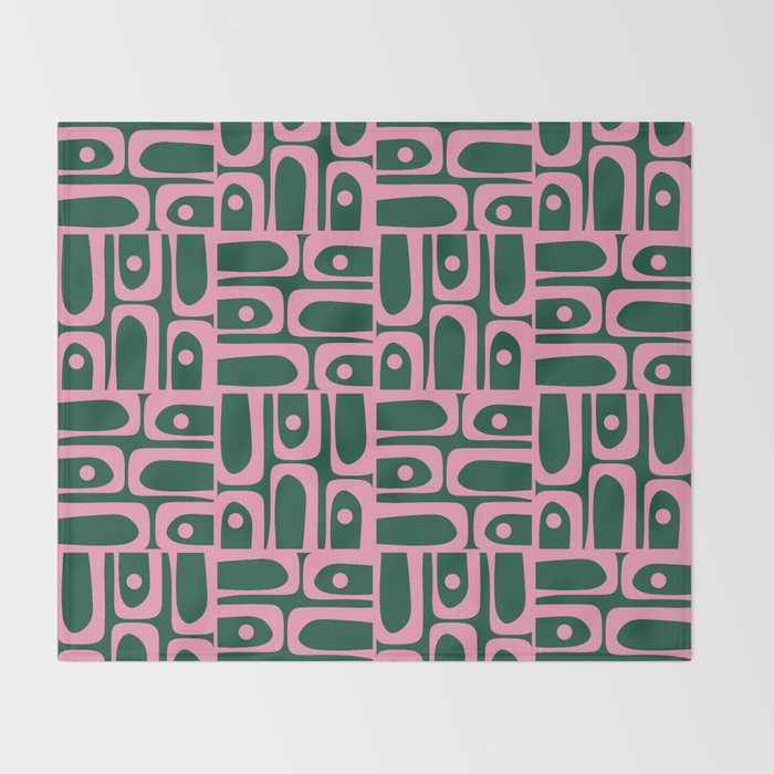 Mid Century Modern Piquet Abstract Multi Geometric Pattern Dark Green and Retro Pink Throw Blanket Gallery Image 2